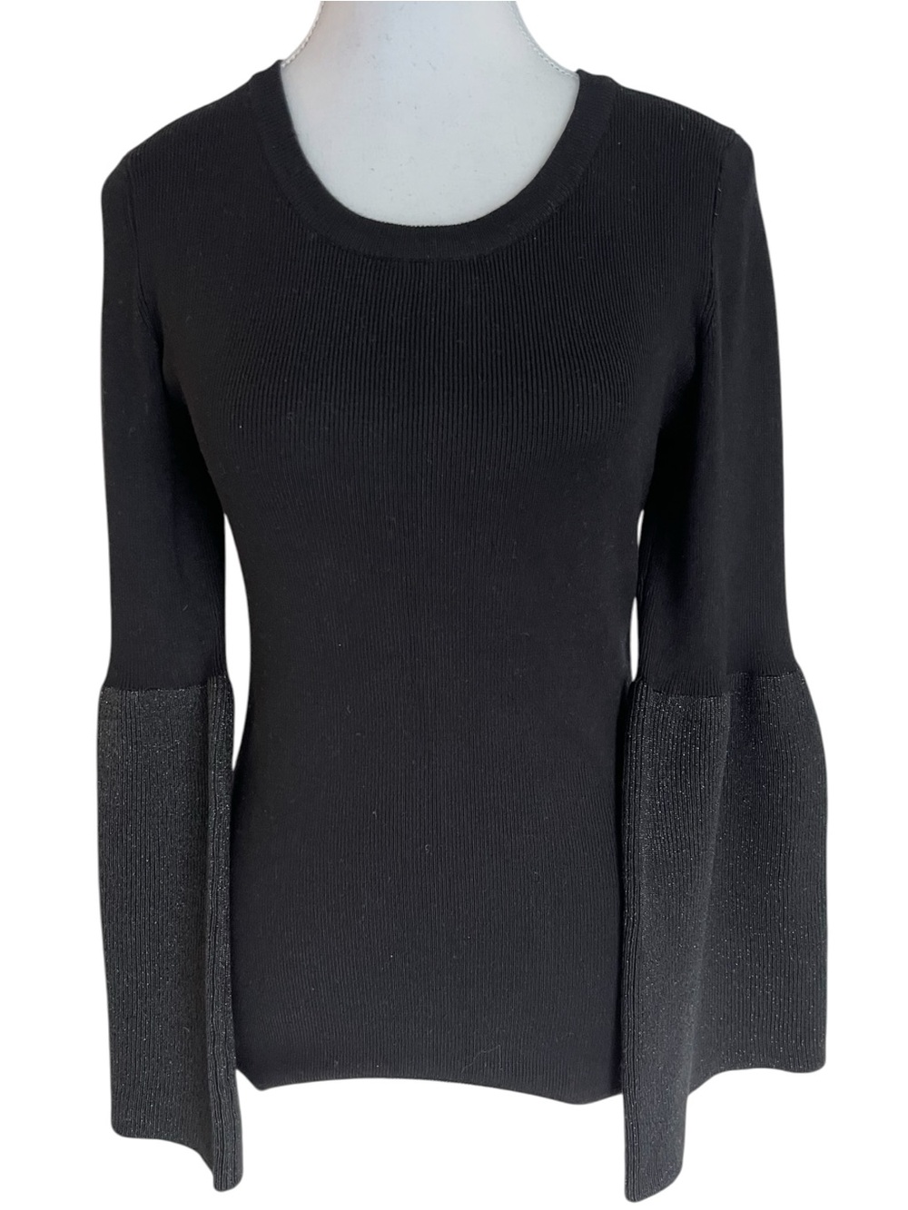 DKNY Black Ribbed Crew Neck Sweater with Flared Metallic-Trim Cuffs Size Small